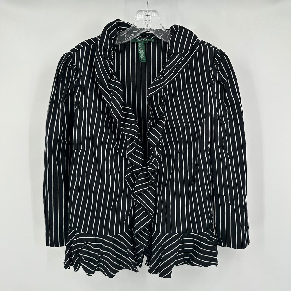 Lauren Ralph Lauren Womens Preppy Ruffle Blazer Size XL Regency Parisian Striped